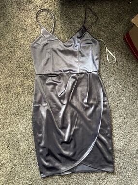 Lulu's Silver Satin Slip Midi Dress